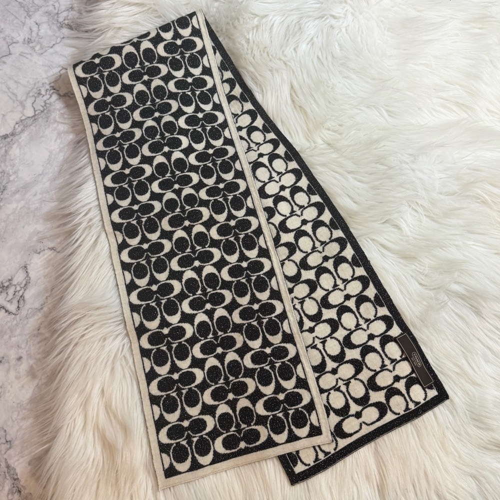 Signature Coach WOOL Scarf Monogram Black White METALLIC 53" × 8 1/4"